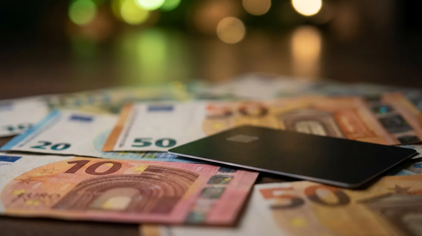 Karta płatnicza obok banknotów euro — symbol metod płatności w kasynie online