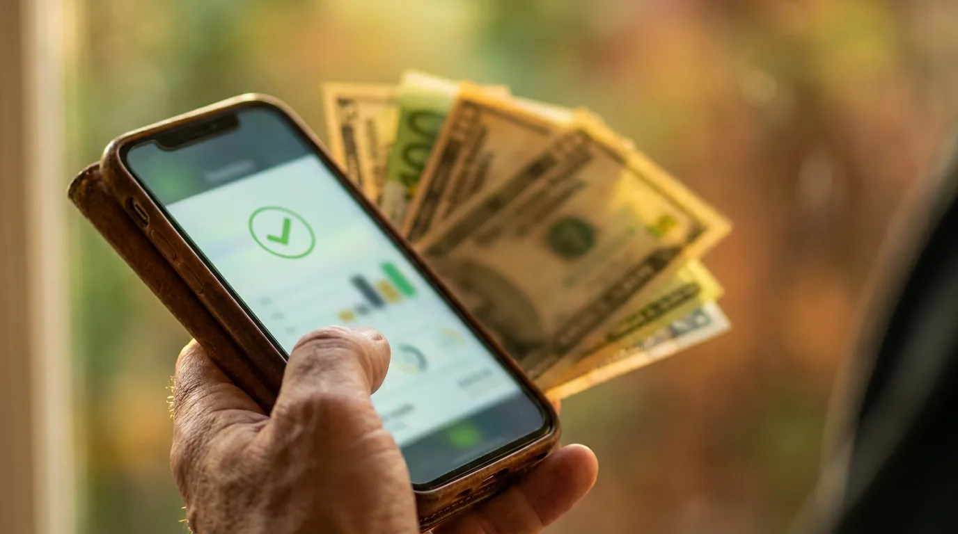 Telefon z ekranem potwierdzenia przelewu obok banknotów — symbol wypłaty ze SpinBetter